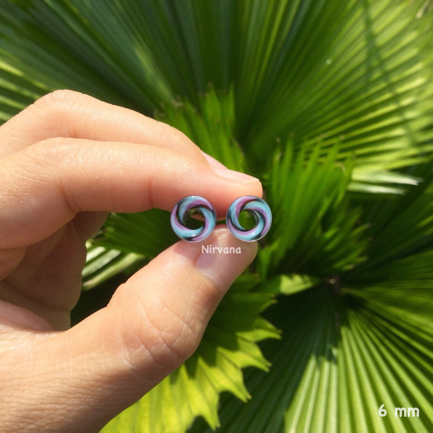 1 Pair (2 Pieces) Black, Mauve, Aqua & Sky Blue Twist Tunnels Pyrex Glass
