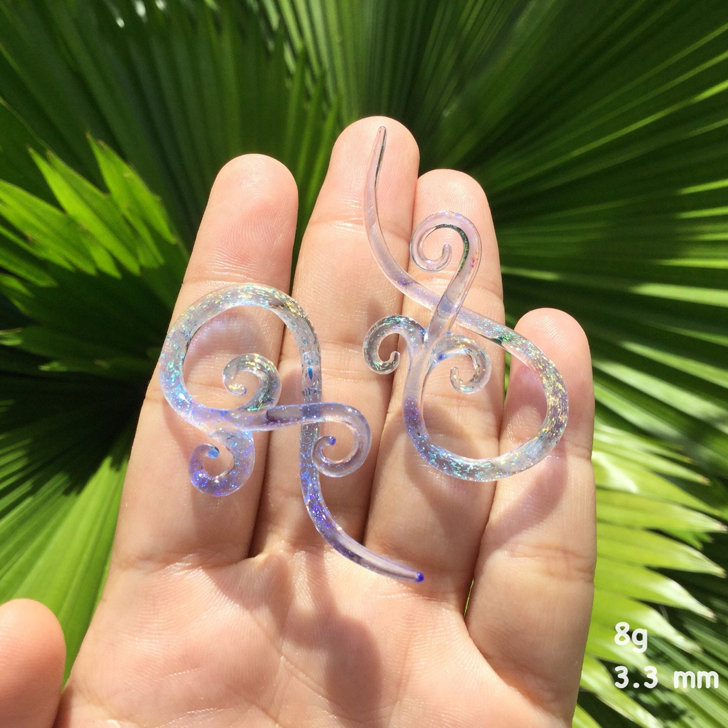 1 Pair (2 Pieces) Tranlucent Rainbow Dichroic Translucent Light Blue Encased Bonita Spirals