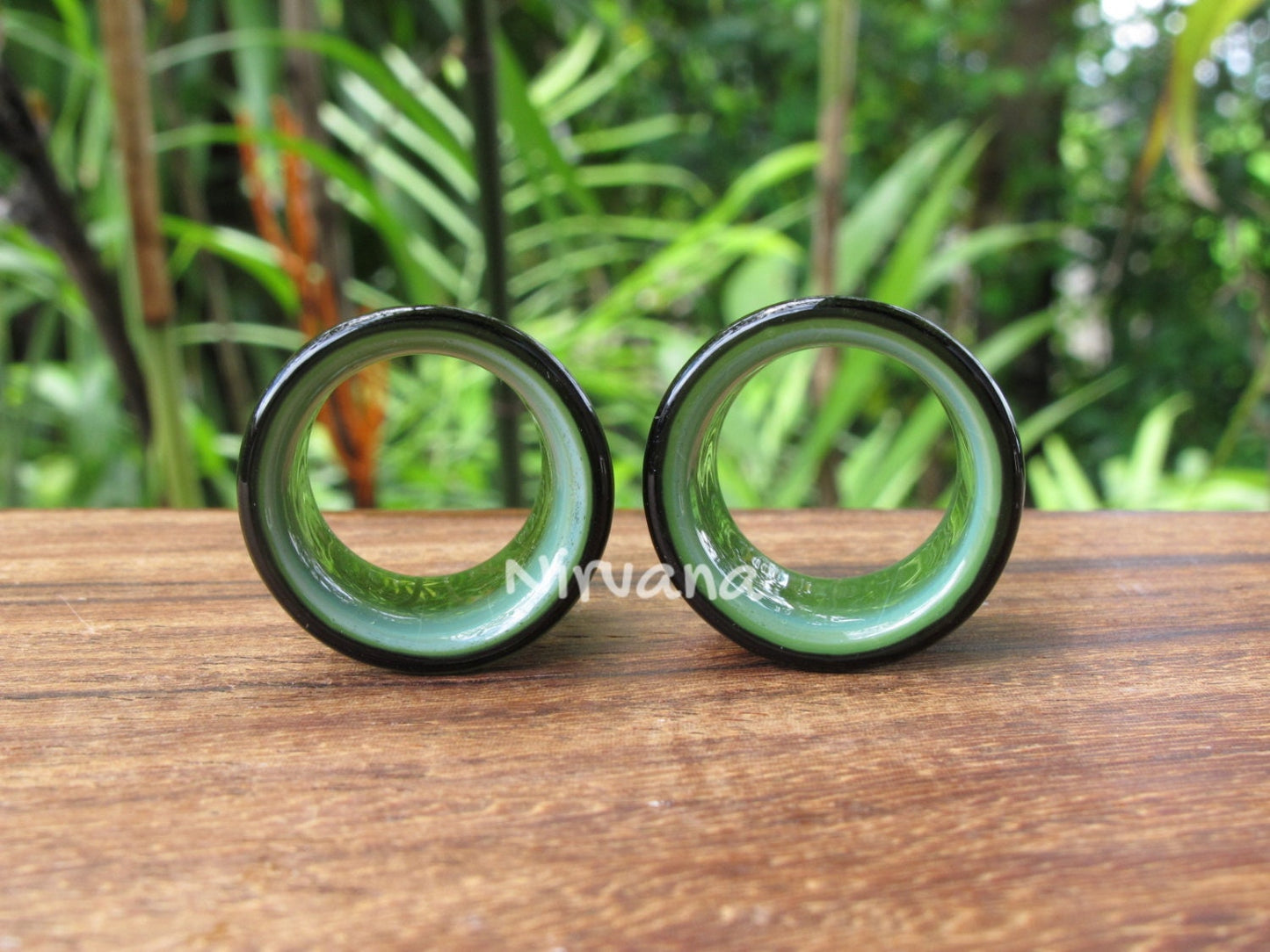 1 Pair (2 Pieces) Black & Jade 2 Tone Tunnels Glass
