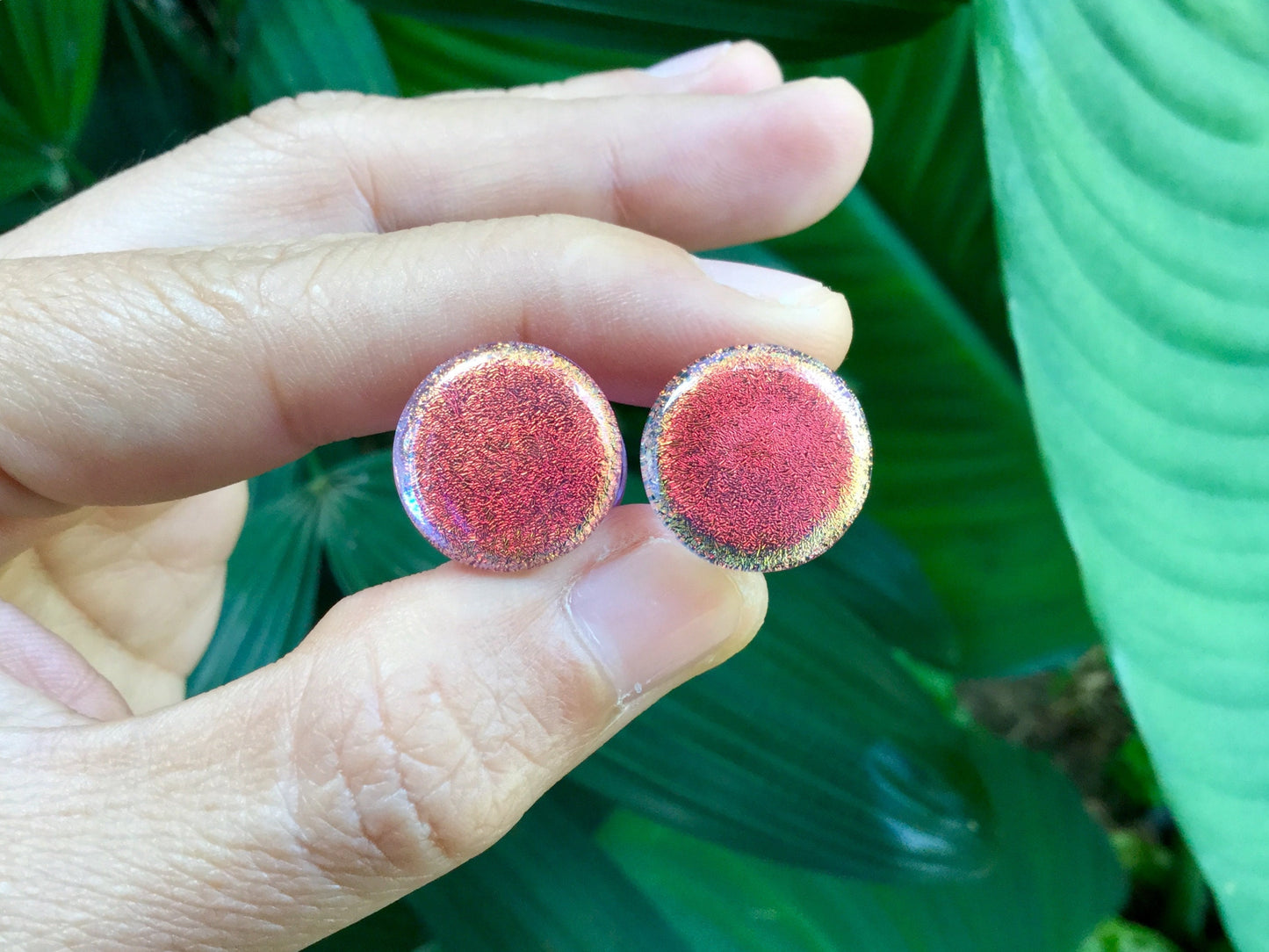 1 Pair (2 Pieces) Translucent Fire Red Dichroic Glass Plugs on Trans. Purple Background Color