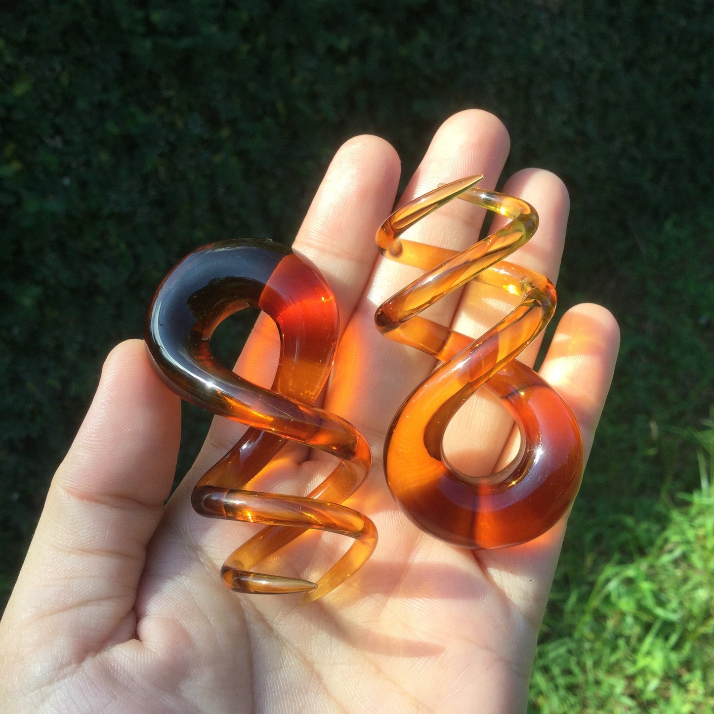 1 Pair (2 Pieces) Amber Color Glass Cork Screw Spirals
