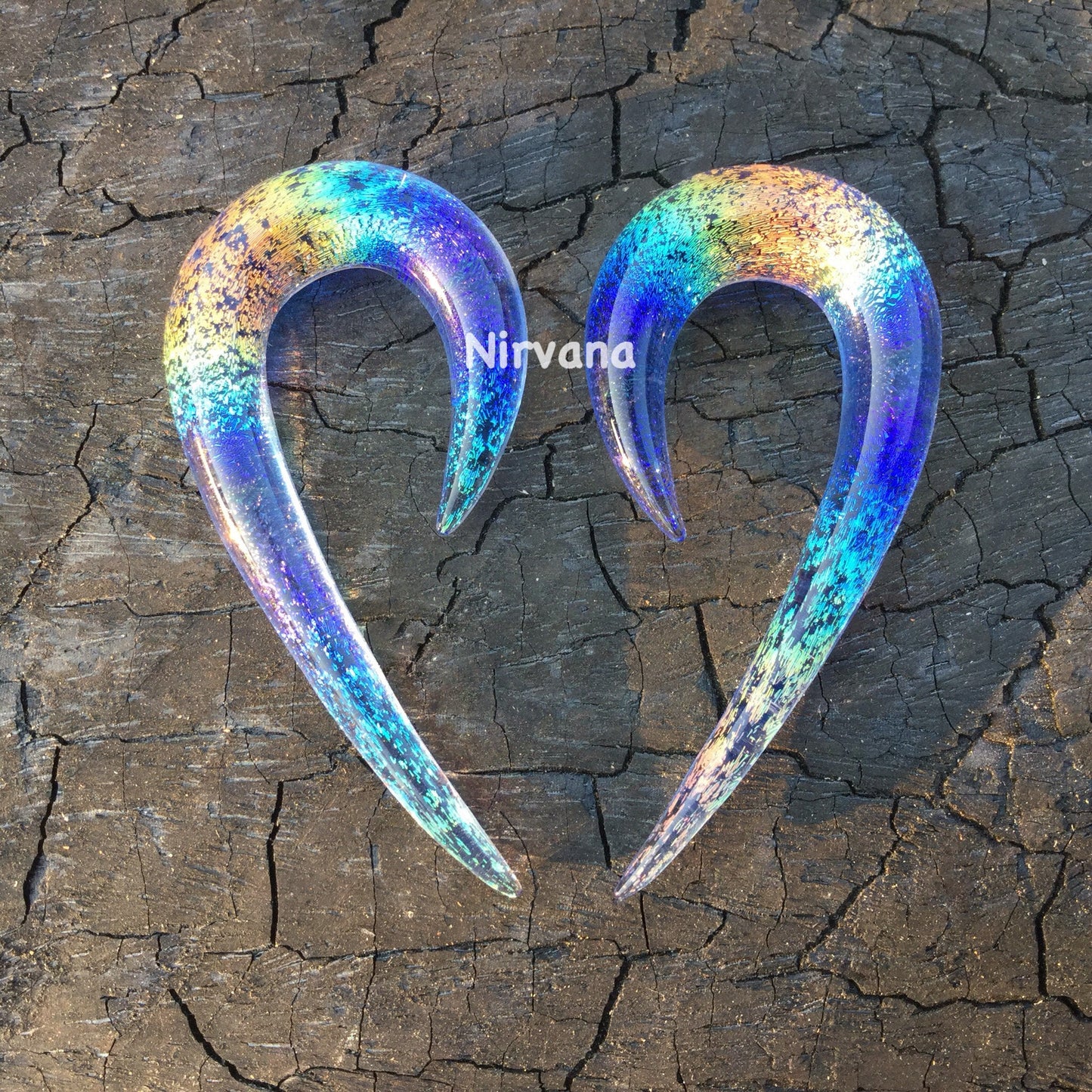 1 Pair (2 Pieces) Translucent Rainbow Dichroic with Translucent Light Cobalt Glass Fish Hook Spirals