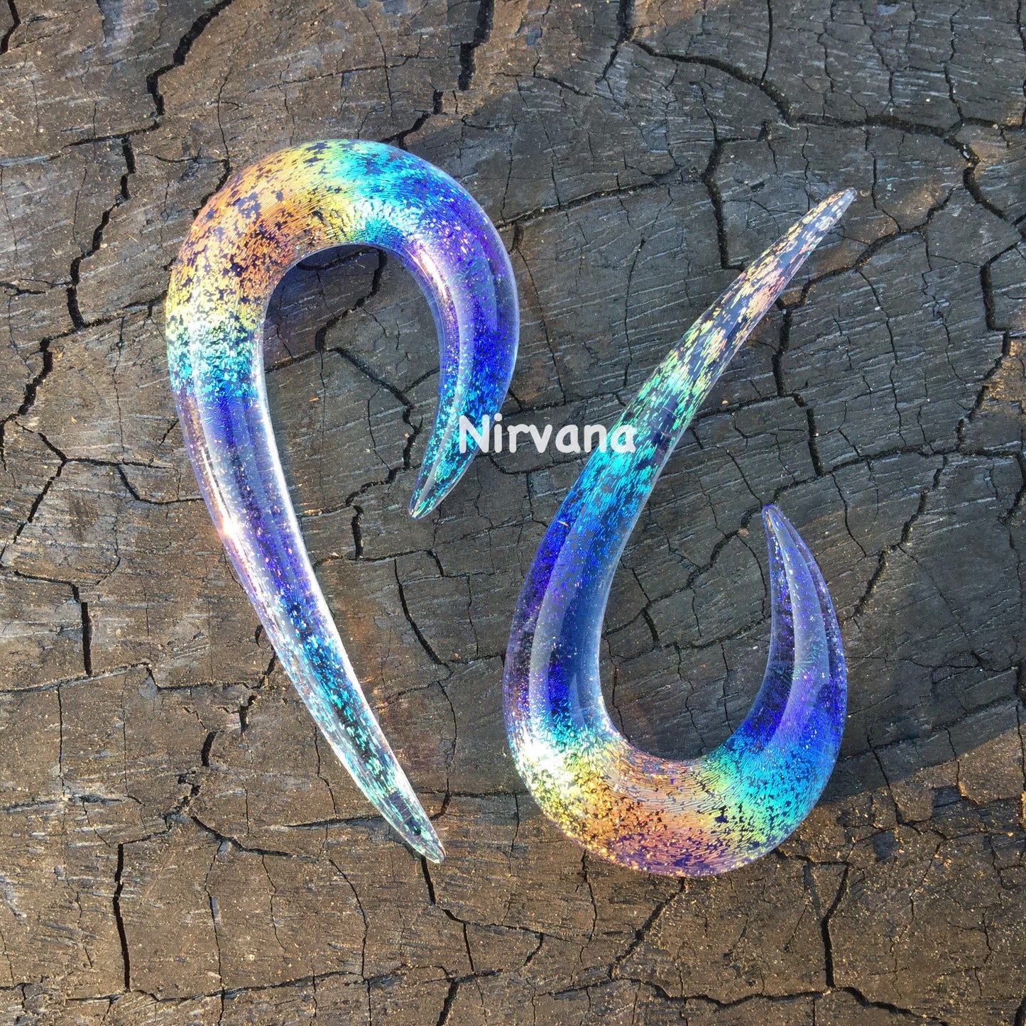 1 Pair (2 Pieces) Translucent Rainbow Dichroic with Translucent Light Cobalt Glass Fish Hook Spirals