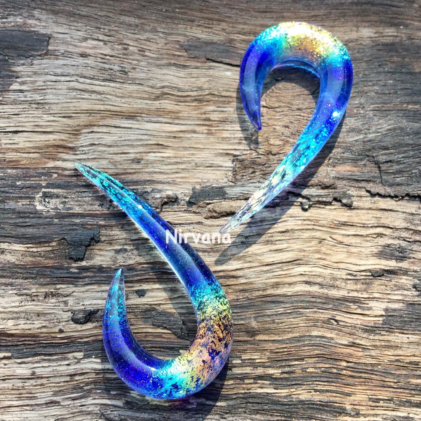 1 Pair (2 Pieces) Translucent Rainbow Dichroic with Translucent Light Cobalt Glass Fish Hook Spirals