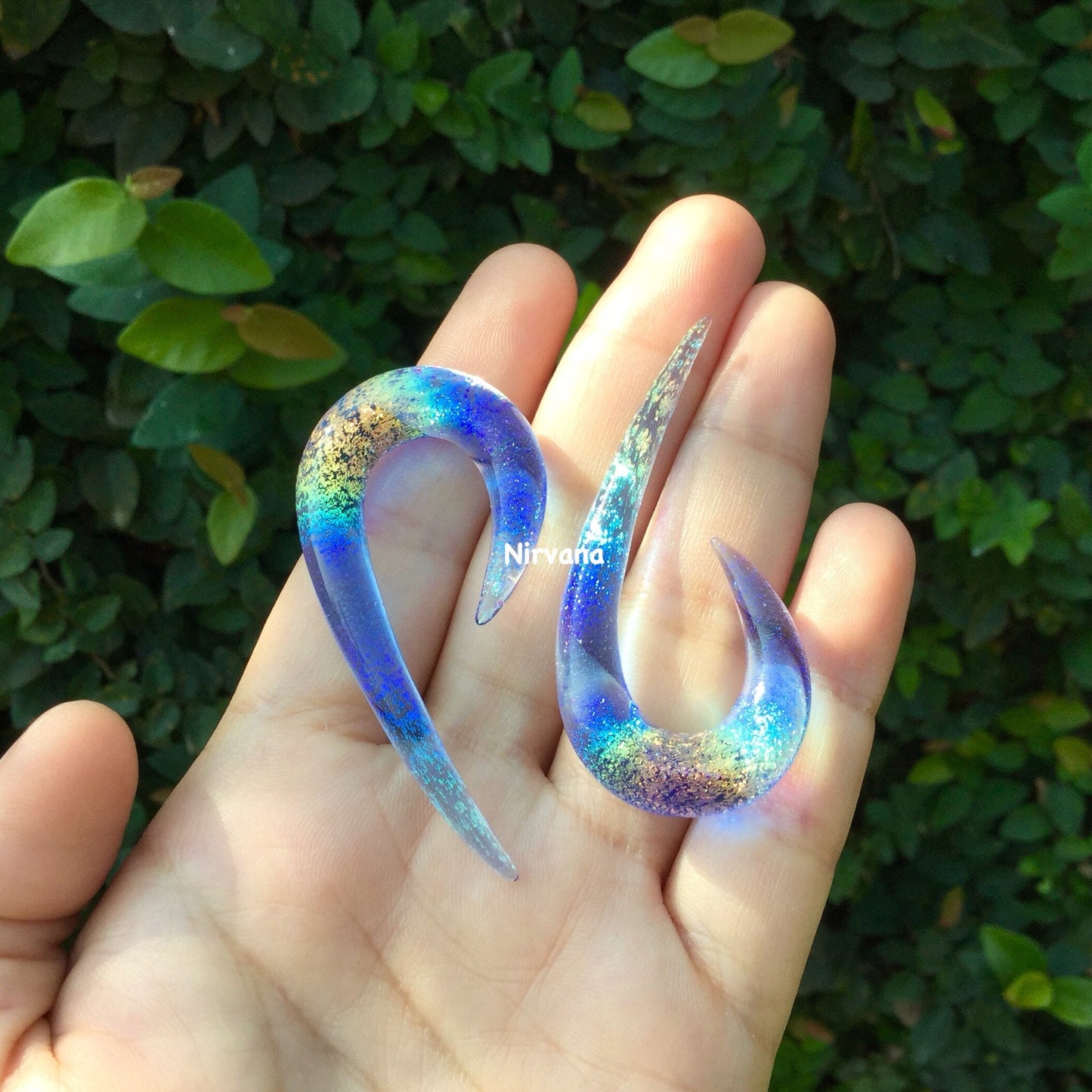1 Pair (2 Pieces) Translucent Rainbow Dichroic with Translucent Light Cobalt Glass Fish Hook Spirals