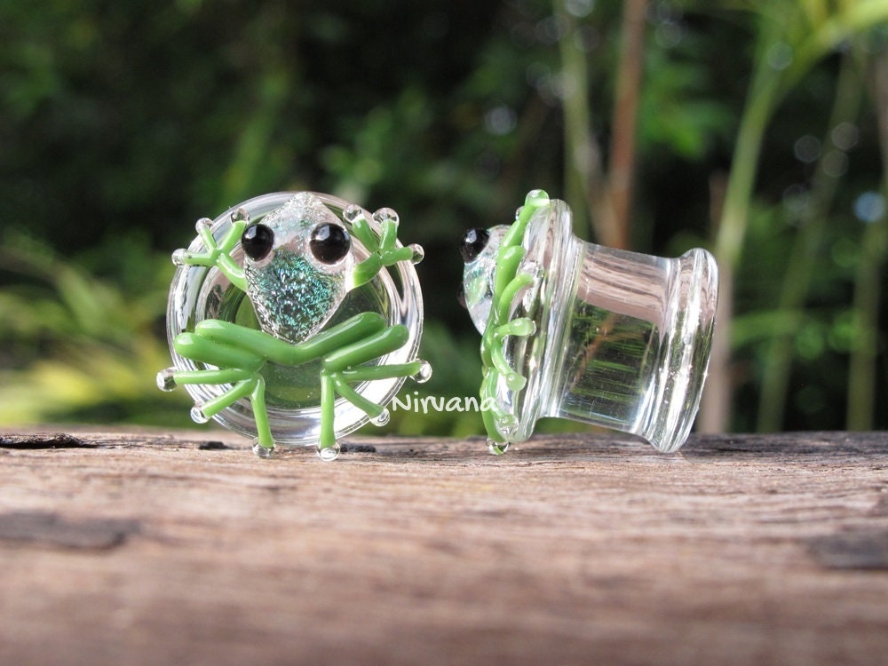 1 Pair (2 Pieces) Dichroic Tranlucent Green Poison Tree Frog Plugs