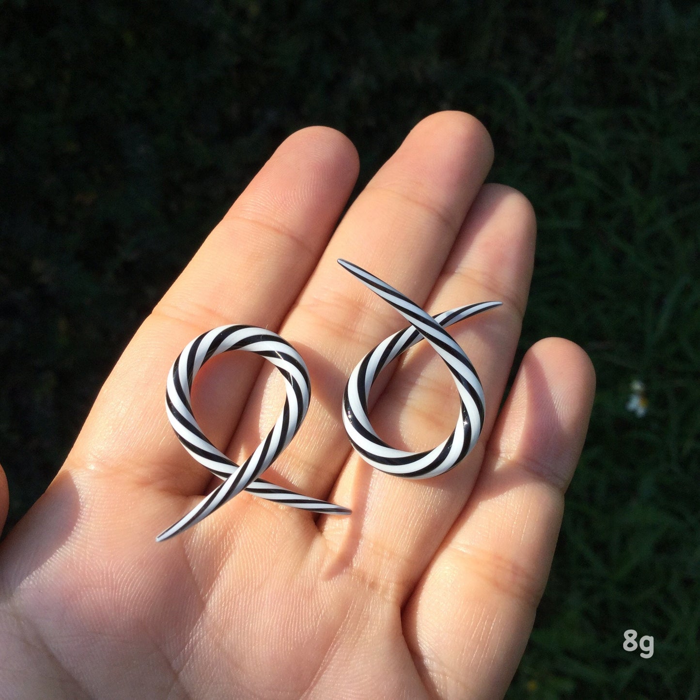 1 Pair (2 Pieces) Black & White Spirals Single Twists Glass