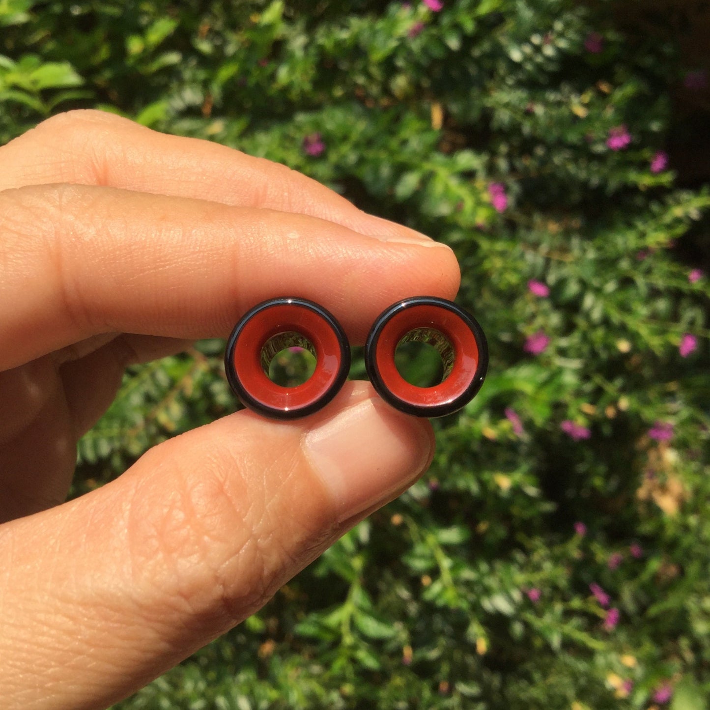 1 Pair (2 Pieces) Black & Dark Red 2 Tone Tunnels Glass