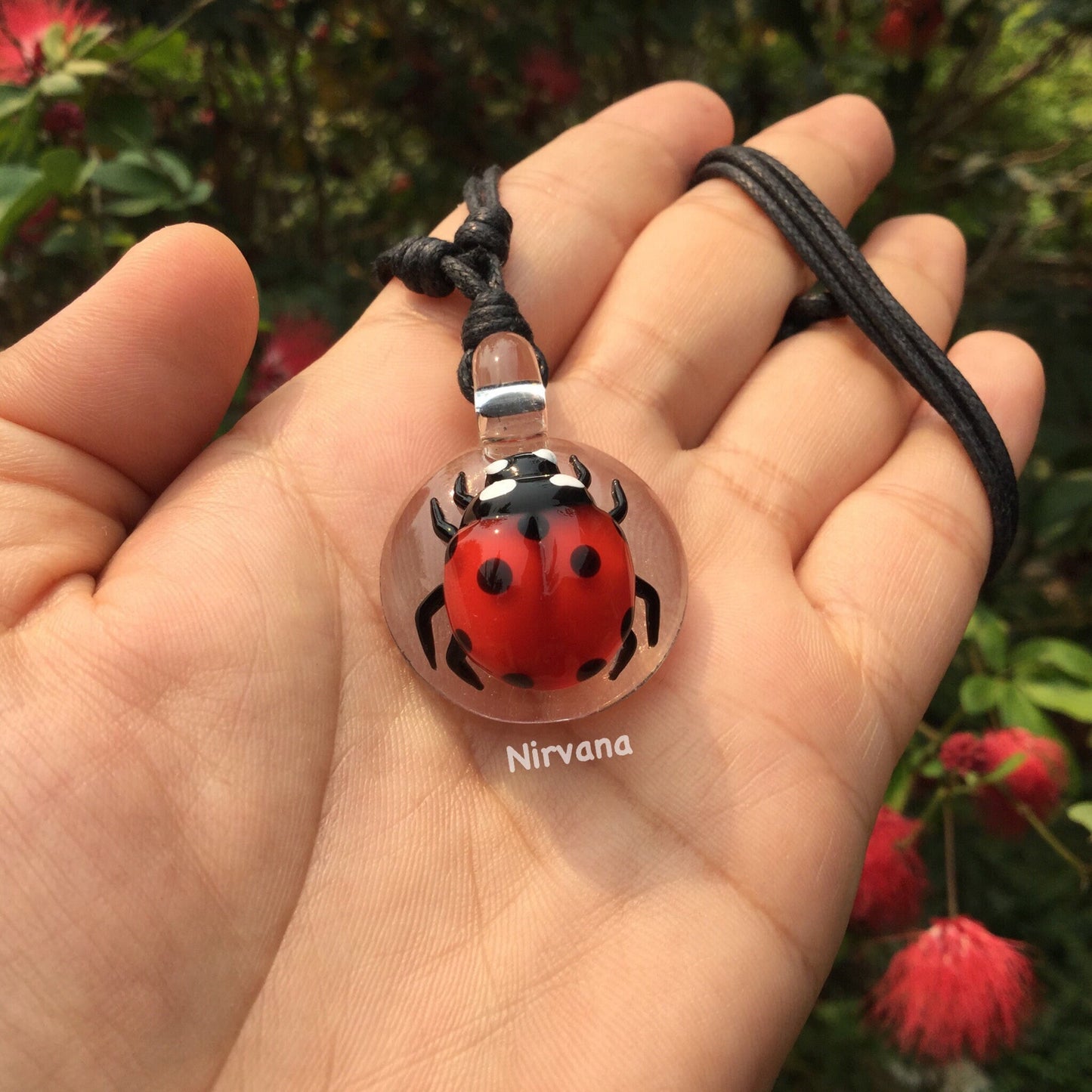 1 Piece - Lady Bug Glass Pendant Critters with Adjustable Black Cord