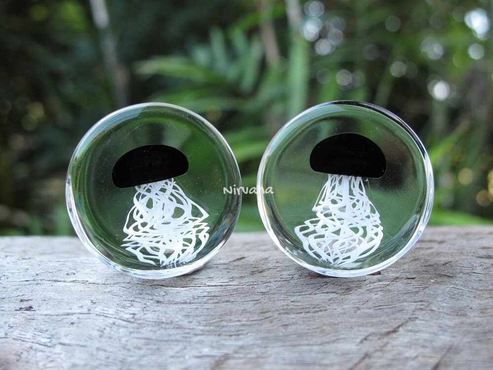 1 Pair (2 Pieces) Pyrex Glass Black Jellyfish Plugs