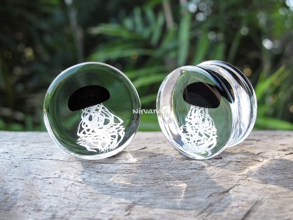 1 Pair (2 Pieces) Pyrex Glass Black Jellyfish Plugs