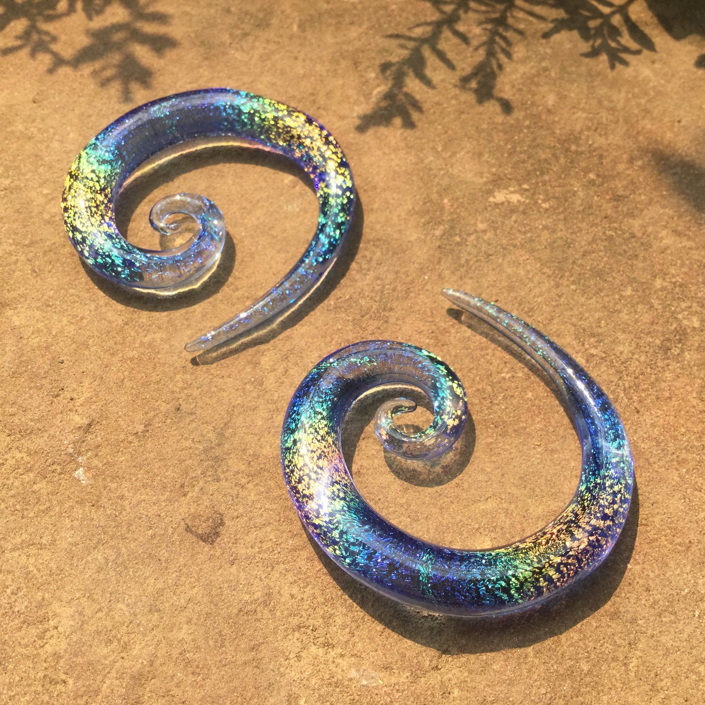 1 Pair (2 Pieces) Translucent Light Blue Translucent Rainbow Dichroic Glass Super Spirals