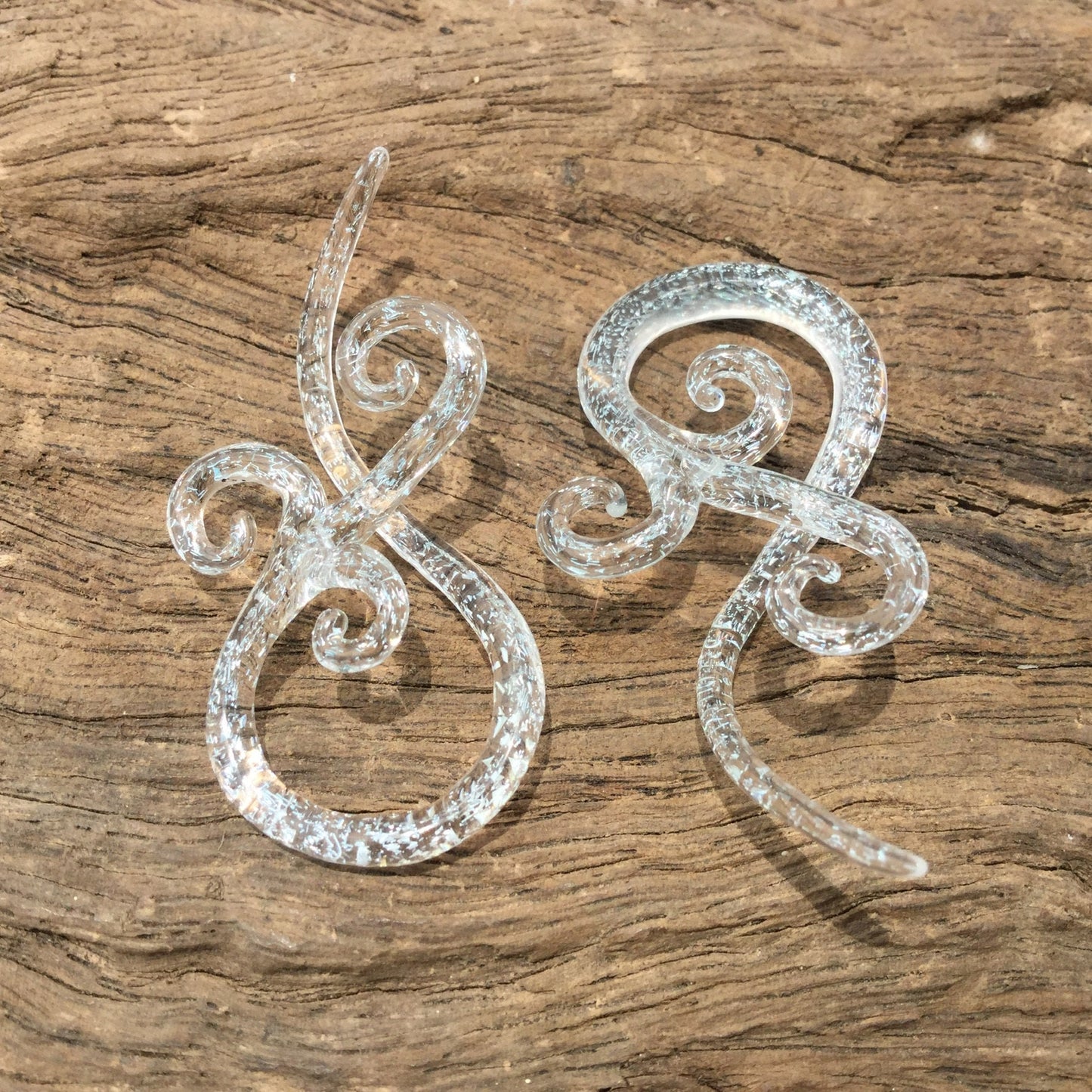 1 Pair (2 Pieces) Translucent Silver Dichroic Bonita Spirals