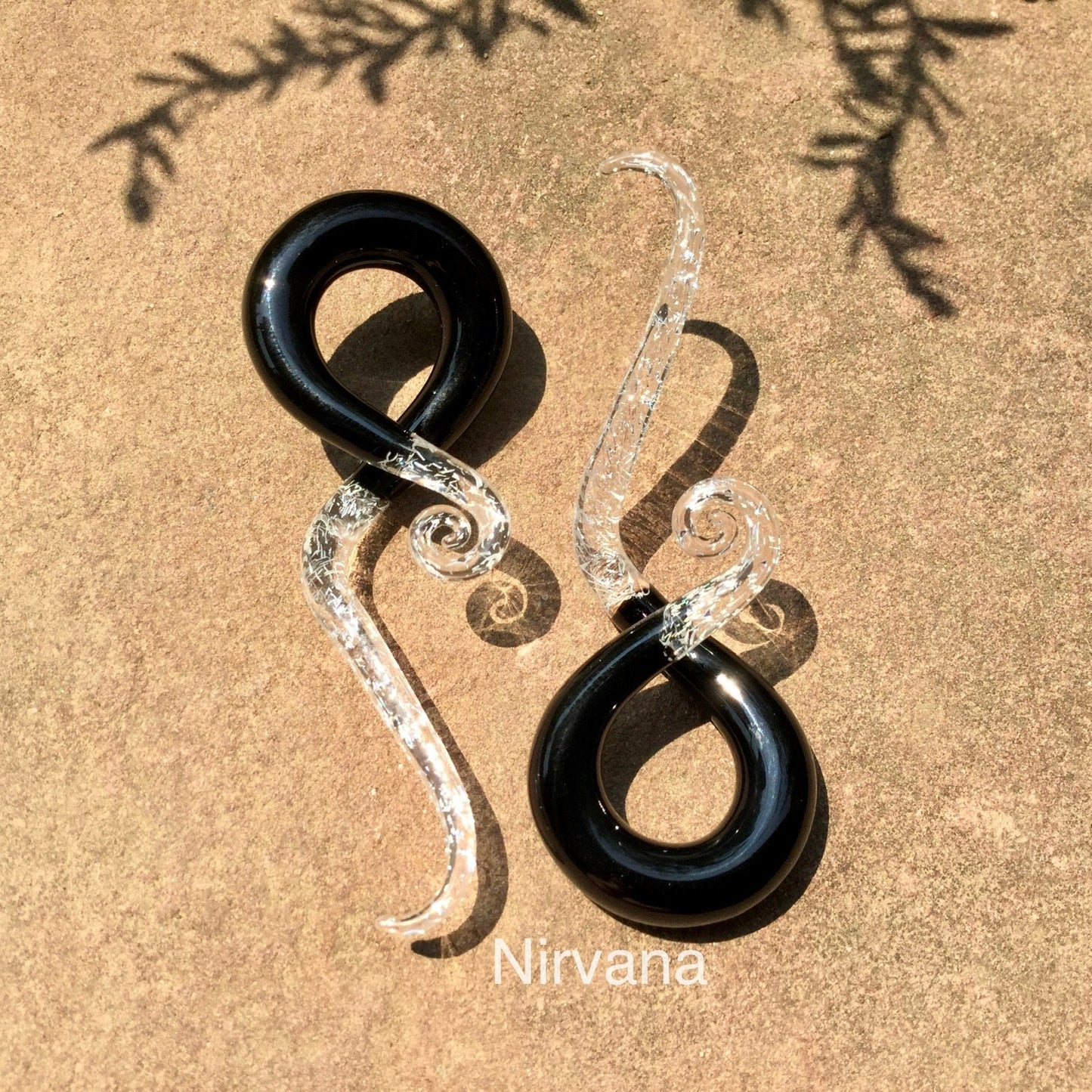 1 Pair (2 Pieces) Black & Translucent Silver Dichroic Note Spirals