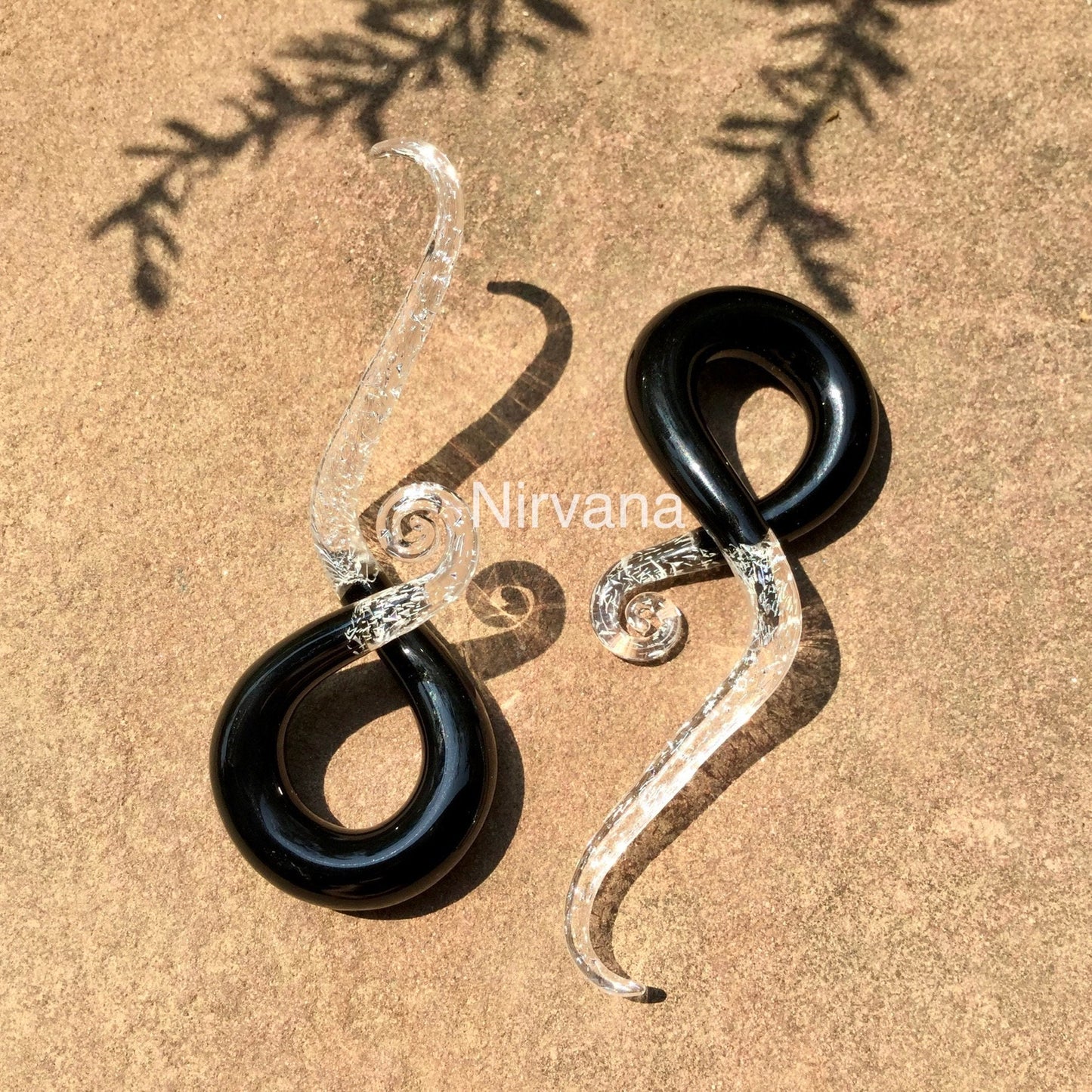 1 Pair (2 Pieces) Black & Translucent Silver Dichroic Note Spirals