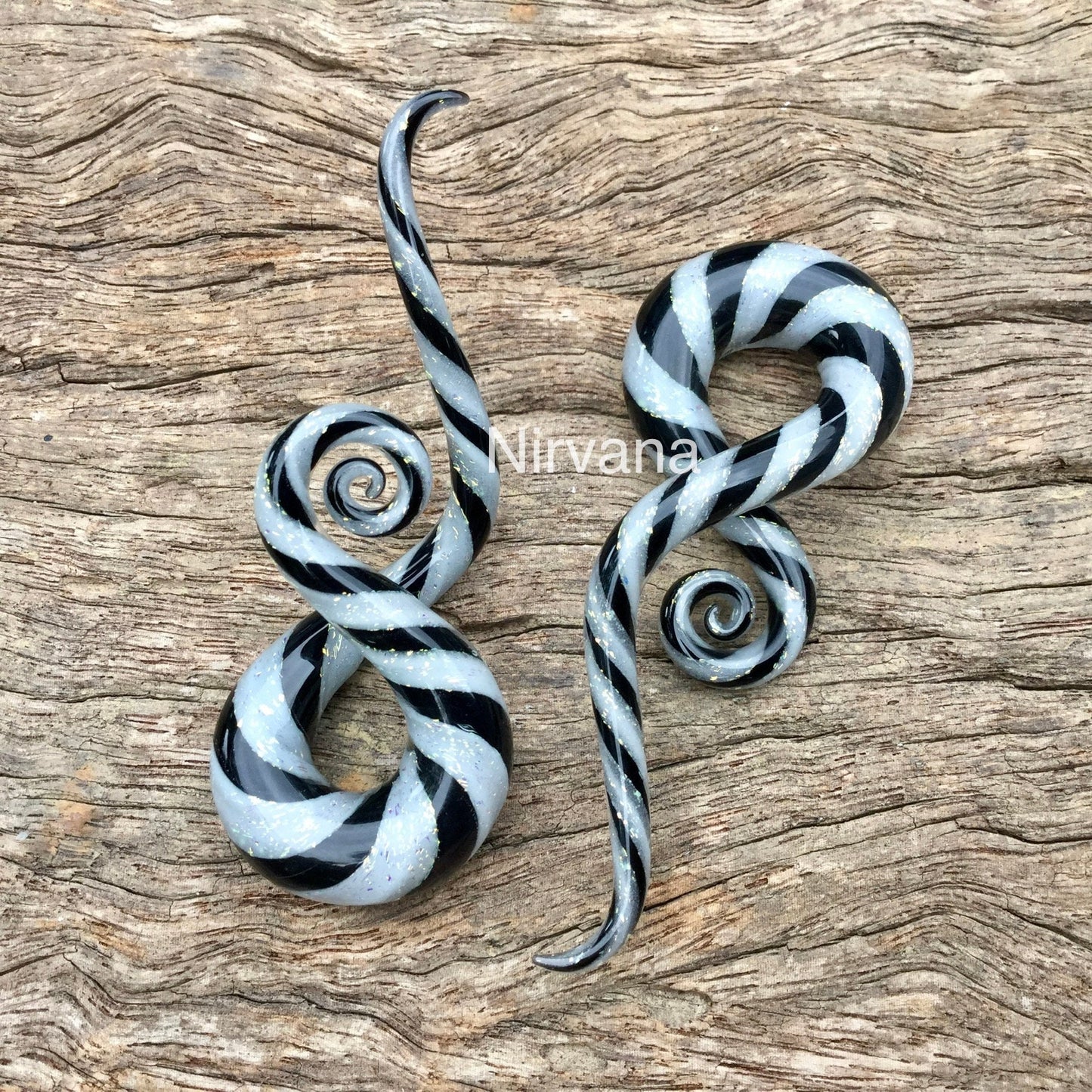 1 Pair (2 Pieces) Pearlescent "GRAY" Dichroic And Black Twist Note Shaped Glass Spirals
