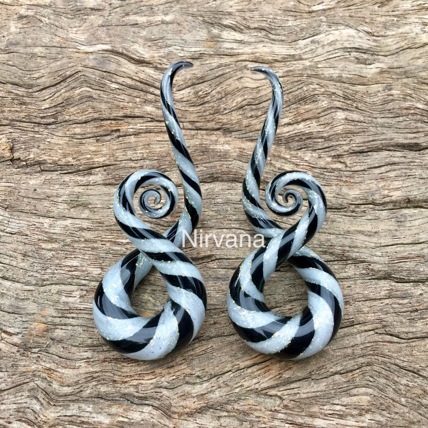 1 Pair (2 Pieces) Pearlescent "GRAY" Dichroic And Black Twist Note Shaped Glass Spirals