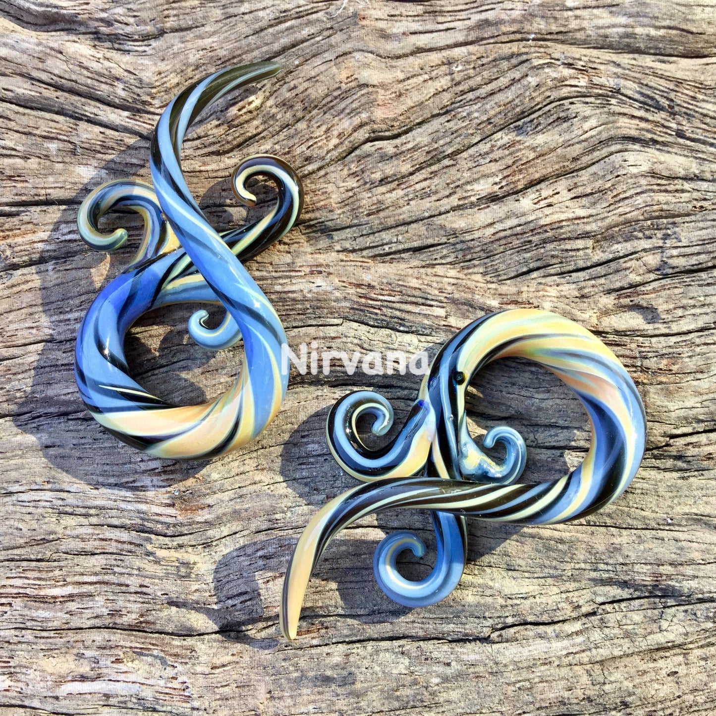 1 Pair (2 Pieces) Sky Blue, Exotic Silver & Black Free Style Bonita Glass Spirals