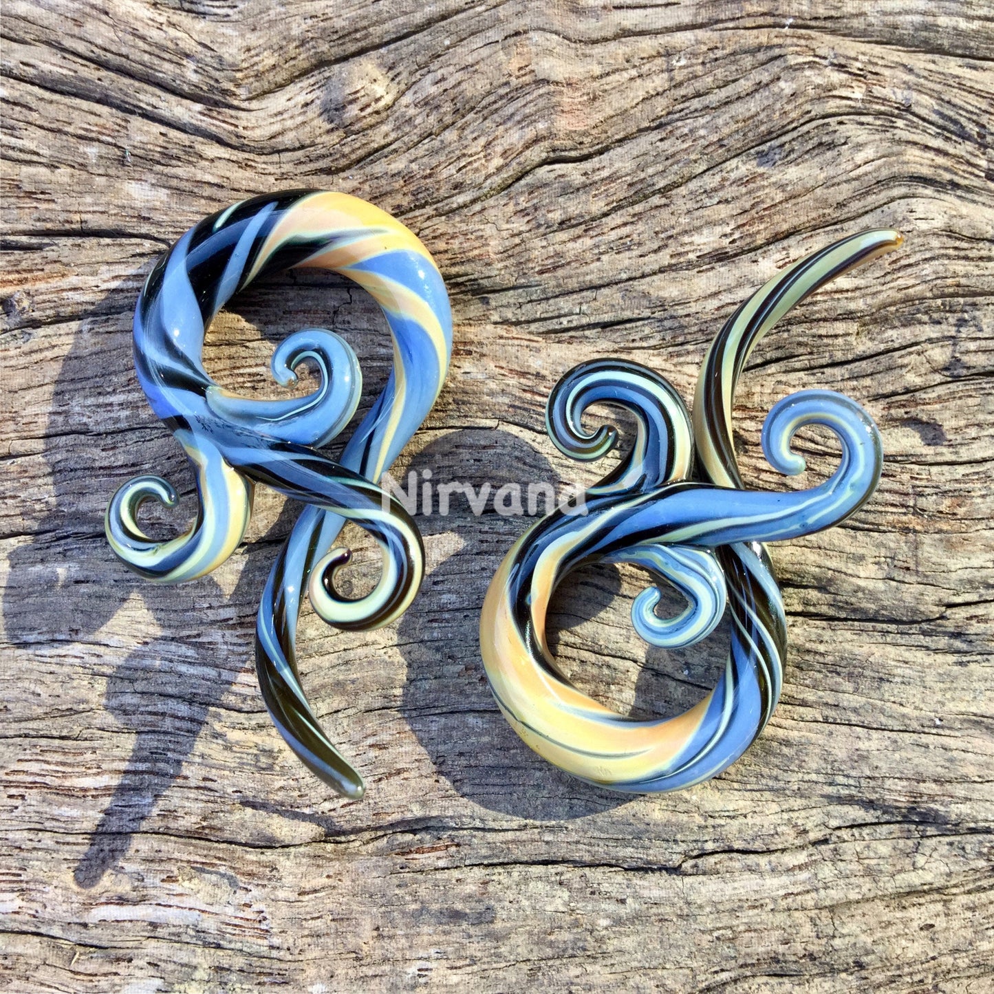 1 Pair (2 Pieces) Sky Blue, Exotic Silver & Black Free Style Bonita Glass Spirals