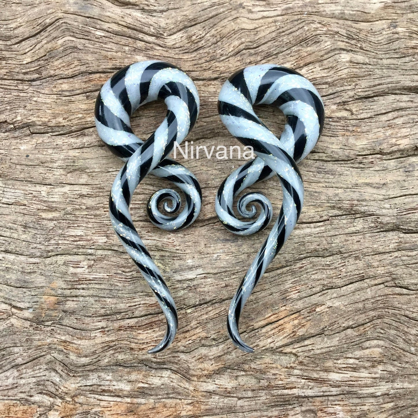 1 Pair (2 Pieces) Pearlescent "GRAY" Dichroic And Black Twist Note Shaped Glass Spirals