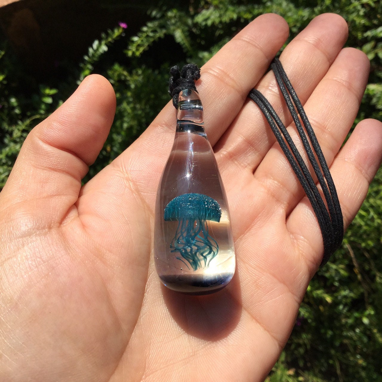 Custom Made Aqua Body & Aqua Legs Jellyfish Pendant on an Adjustable Black Cord
