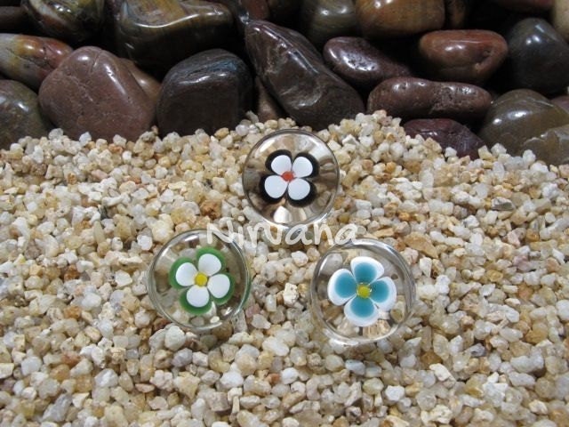 1 Pair (2 Pieces) Lucky Black & White Flower Glass Plugs - Custom Color Combinations Available