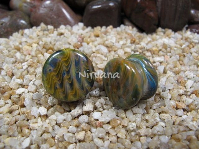 1 Pair (2 Pieces) Exotic Earth Tone Pyrex Glass Plugs Gauges