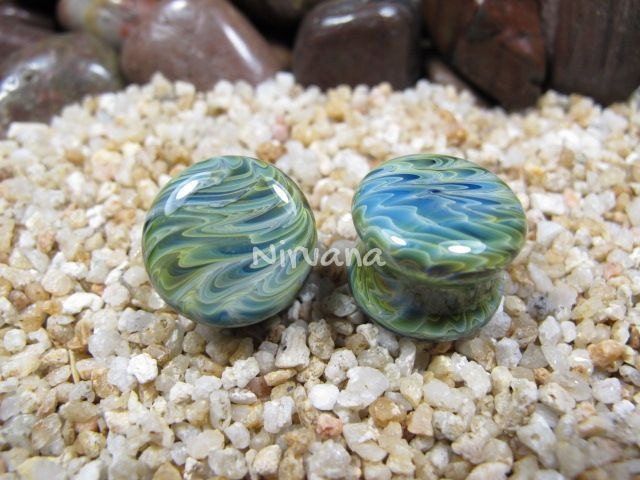 1 Pair (2 Pieces) Exotic Light Green Stone Plugs Pyrex Glass