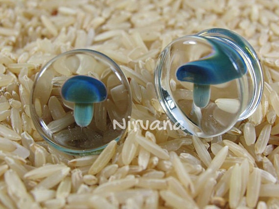 1 Pair (2 Pieces) Exotic Dark Blue Mushroom Glass Plugs