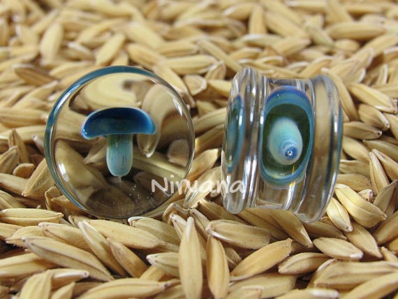 1 Pair (2 Pieces) Exotic Dark Blue Mushroom Glass Plugs