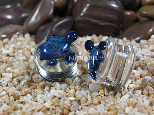 1 Pair (2 Pieces) Exotic Blue Turtle Pyrex Glass Plugs