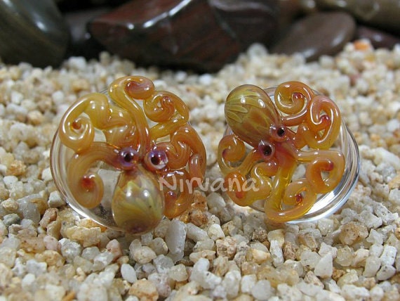1 Pair (2 Pieces) Exotic Silver Octopus Plugs Pyrex Glass
