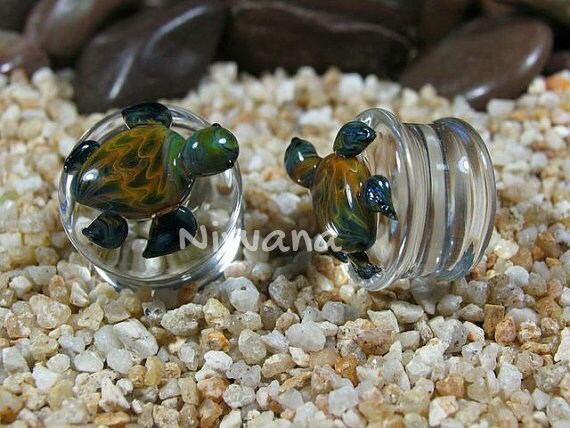 1 Pair (2 Pieces) Earth Turtles Pyrex Glass Plugs