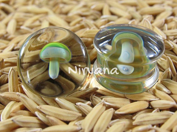 1 Pair (2 Pieces) Exotic. LT. Green Mushroom Plugs