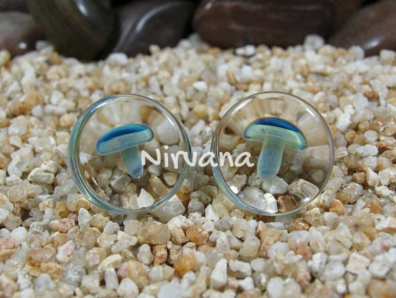 1 Pair (2 Pieces) Exotic Green Blue Mushroom Plugs Pyrex Glass