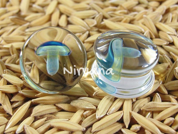 1 Pair (2 Pieces) Exotic Green Blue Mushroom Plugs Pyrex Glass