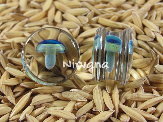1 Pair (2 Pieces) Exotic Green Blue Mushroom Plugs Pyrex Glass