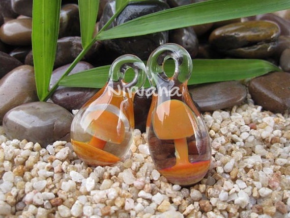 Exotic Orange Hand Made Pyrex Glass Mushroom Pendants - 1 Piece with Black Waxed Linen Adjustable Cord