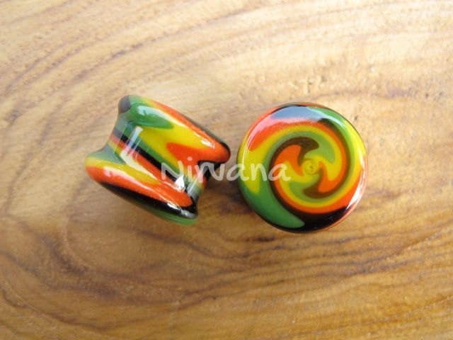 1 Pair (2 Pieces) Zig Zag Rasta Plugs Glass Plugs