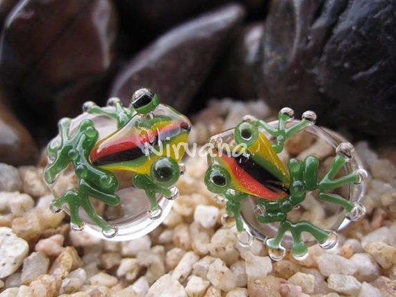 1 Pair (2 Pieces) Rasta Frog Plugs Pyrex Glass