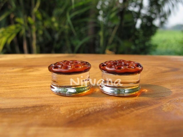1 Pair (2 Pieces) Amber Color Glass Honey Comb Plugs