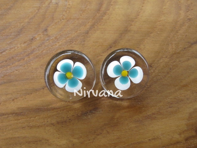 1 Pair (2 Pieces) Lucky Black & White Flower Glass Plugs - Custom Color Combinations Available