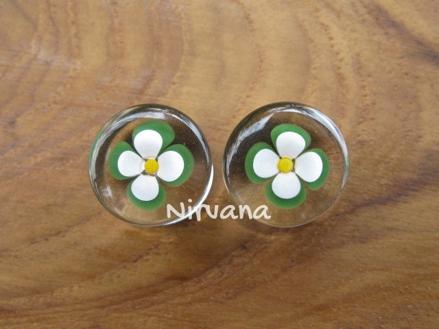 1 Pair (2 Pieces) Lucky Black & White Flower Glass Plugs - Custom Color Combinations Available