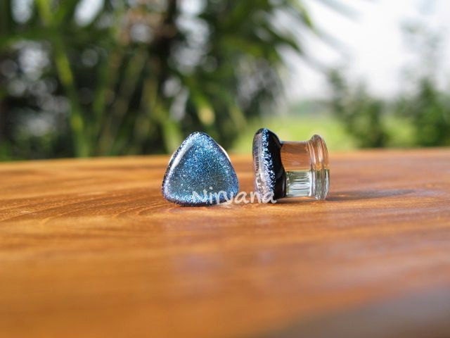 1 Pair (2 Pieces) Triangle & Square Combo Pair Aqua Dichroic Glass Plugs