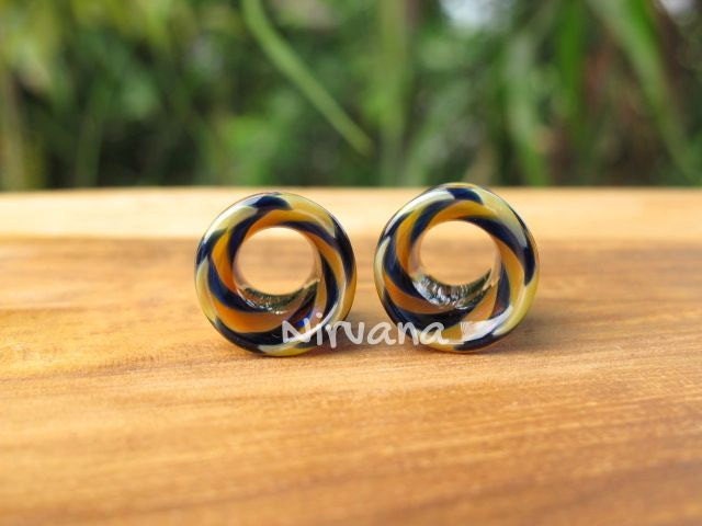 1 Pair (2 Pieces) Silver & Dark Blue Tunnels Pyrex Glass