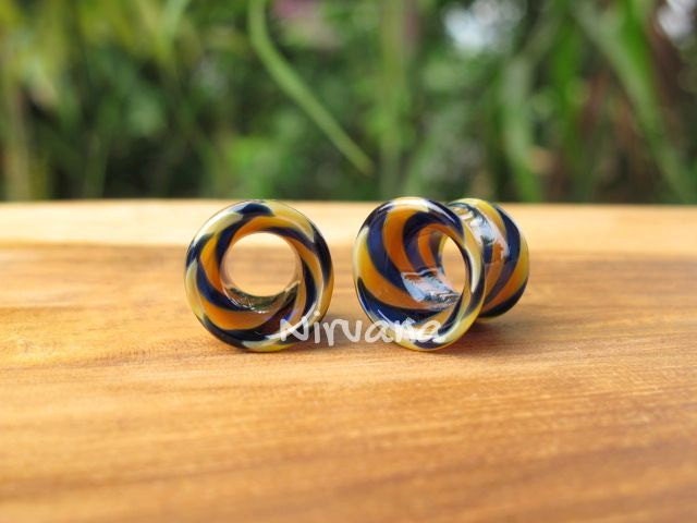 1 Pair (2 Pieces) Silver & Dark Blue Tunnels Pyrex Glass