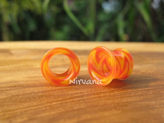 1 Pair (2 Pieces) Zig Zag Red/Orange/Yellow Tunnels Pyrex Glass
