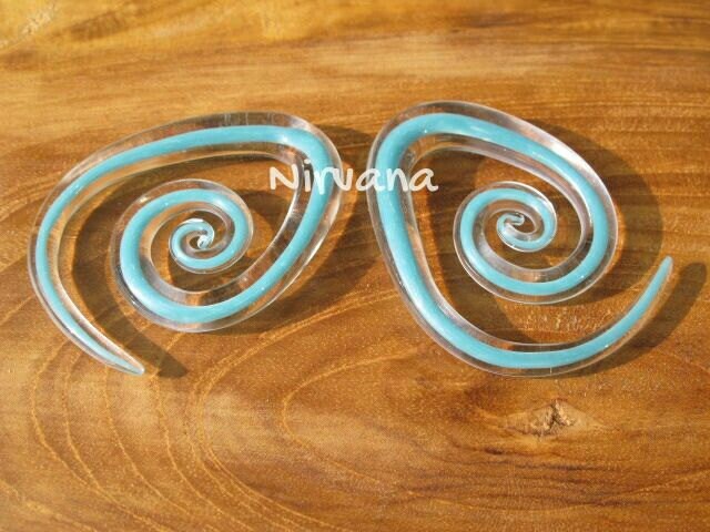 1 Pair (2 Pieces) Sky Blue Encased Tear Drop Glass Spirals