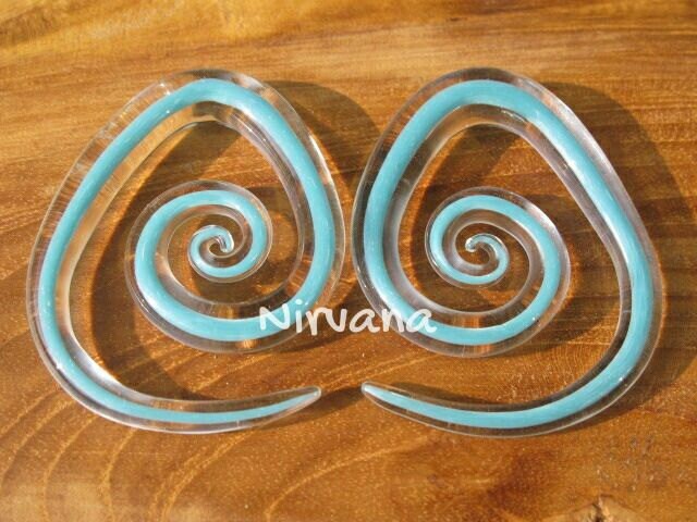 1 Pair (2 Pieces) Sky Blue Encased Tear Drop Glass Spirals