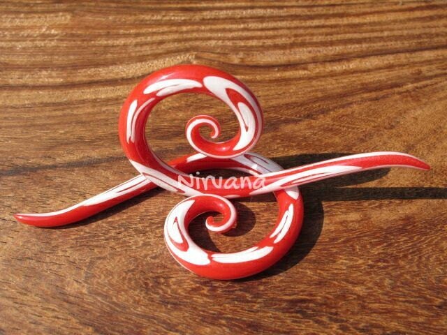1 Pair (2 Pieces) Red & White Tribal Swirl Pattern Thai Super Spirals Glass